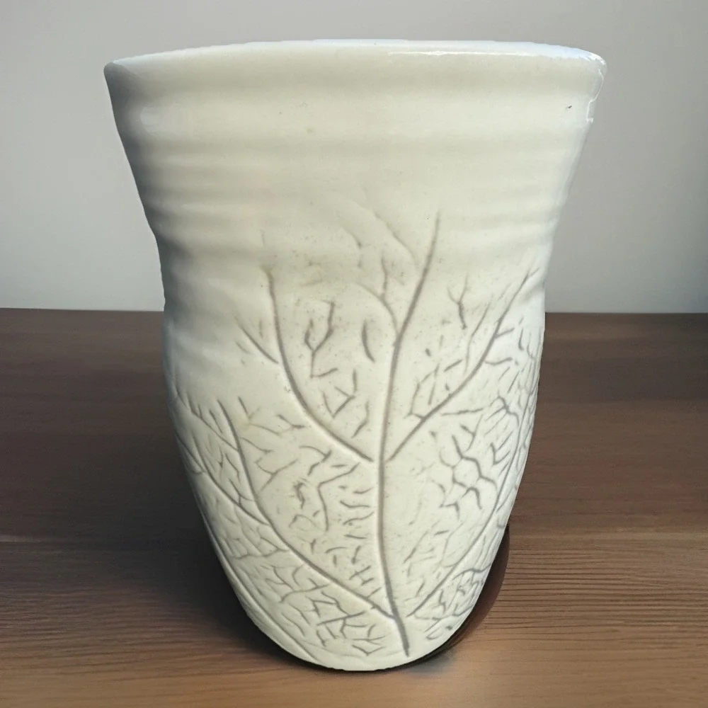 DBO Home West Elm White Ceramic Vase Pitcher Leaf Relief Texture Modern Minimal